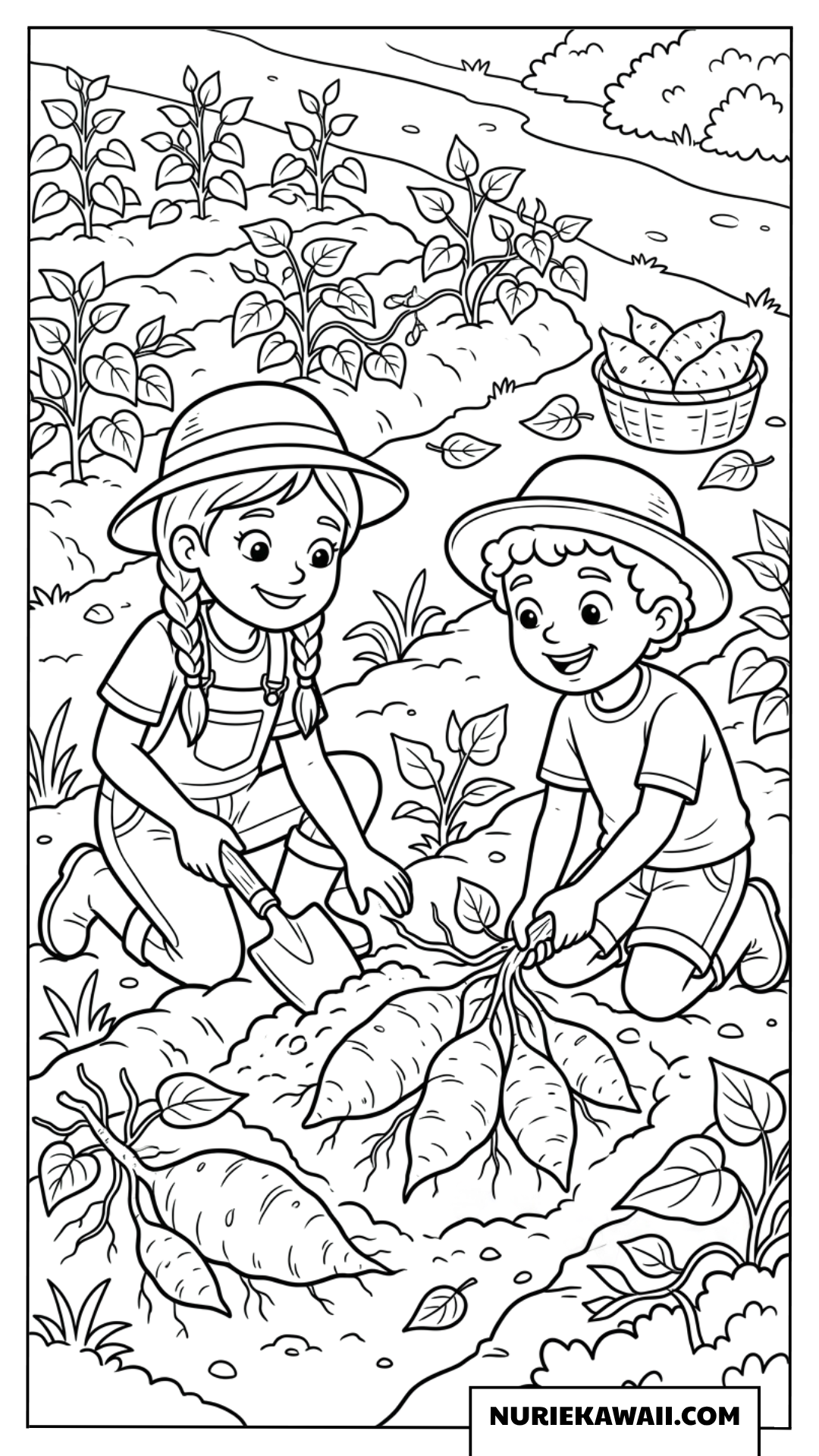 畑で楽しそうにさつまいも掘りをする子どもたちの塗り絵