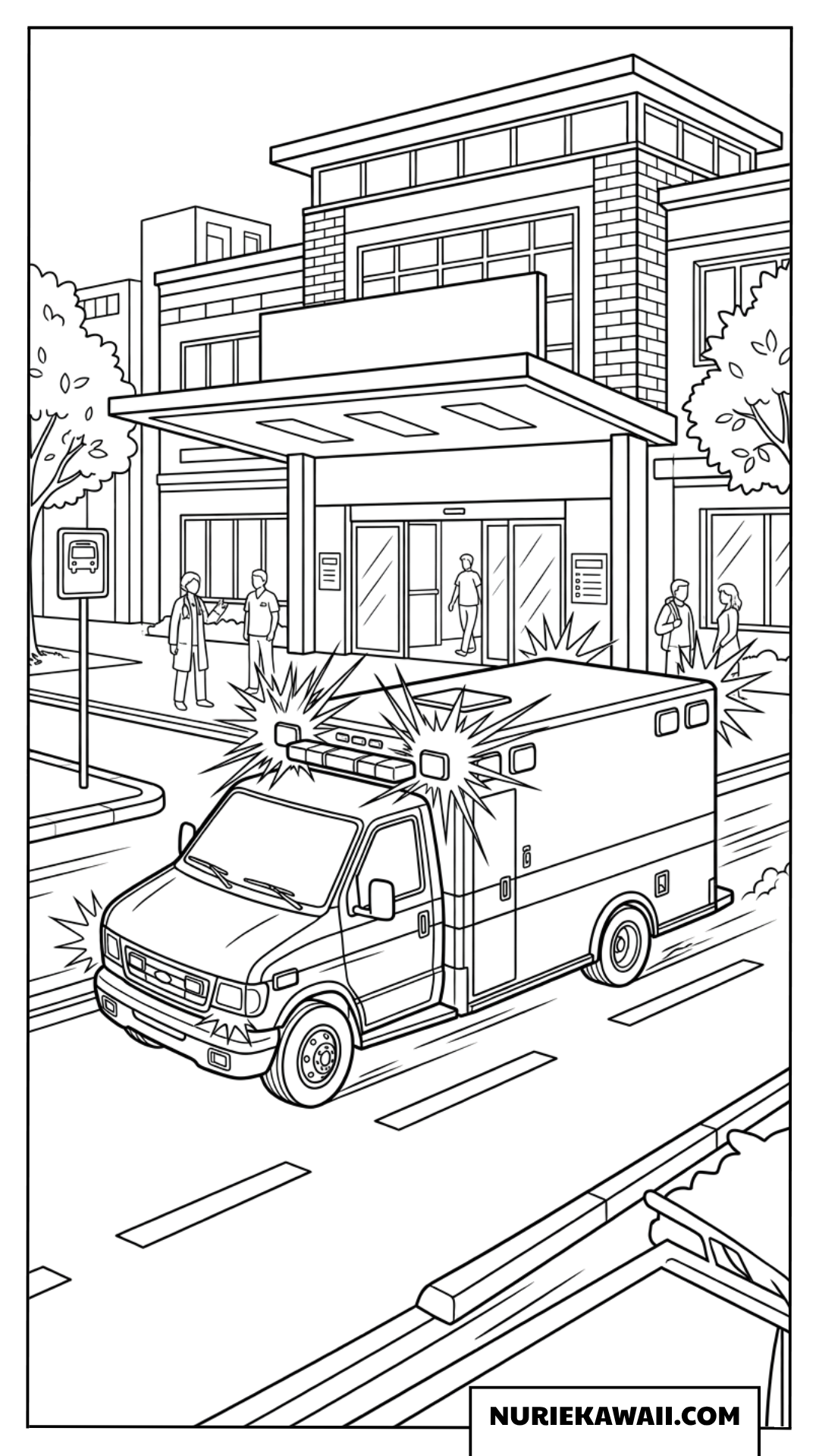 病院前を走る救急車の塗り絵