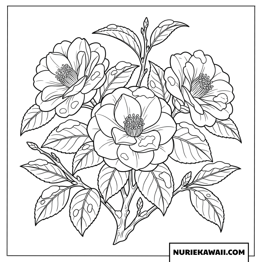 白い雪がふんわりと積もった美しい日本の冬の椿の花の塗り絵