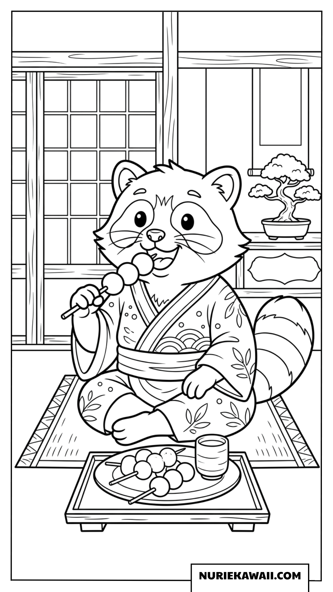 着物を着て美味しそうに三色団子を食べる可愛いタヌキの和風塗り絵