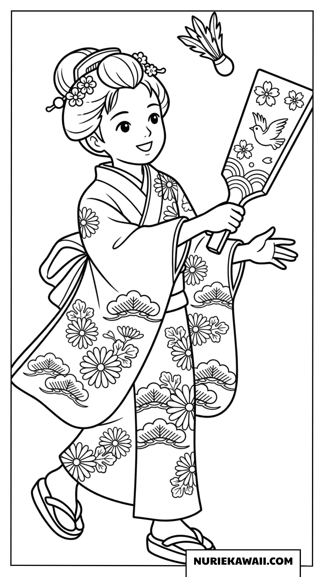 着物を着て羽根突きで遊ぶ女の子の伝統的な冬の塗り絵