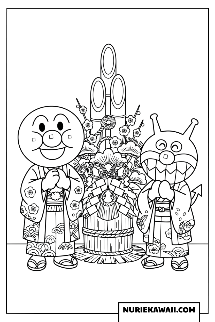 着物姿のアンパンマンとばいきんまんのお正月塗り絵