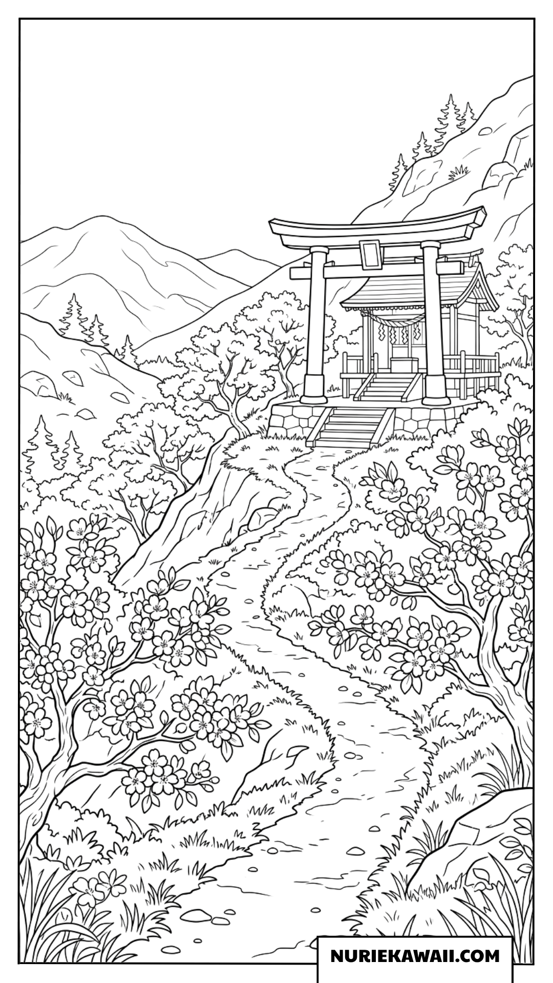 神社へと続く山道の塗り絵
