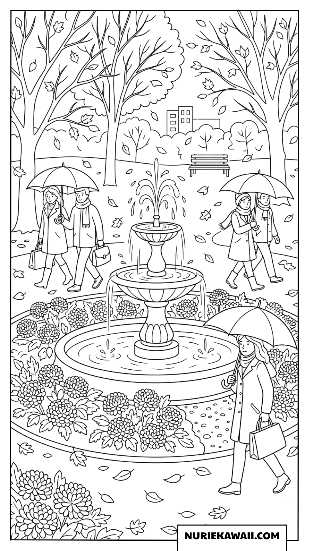 秋の公園の噴水と傘をさして散歩する人々を描いた塗り絵