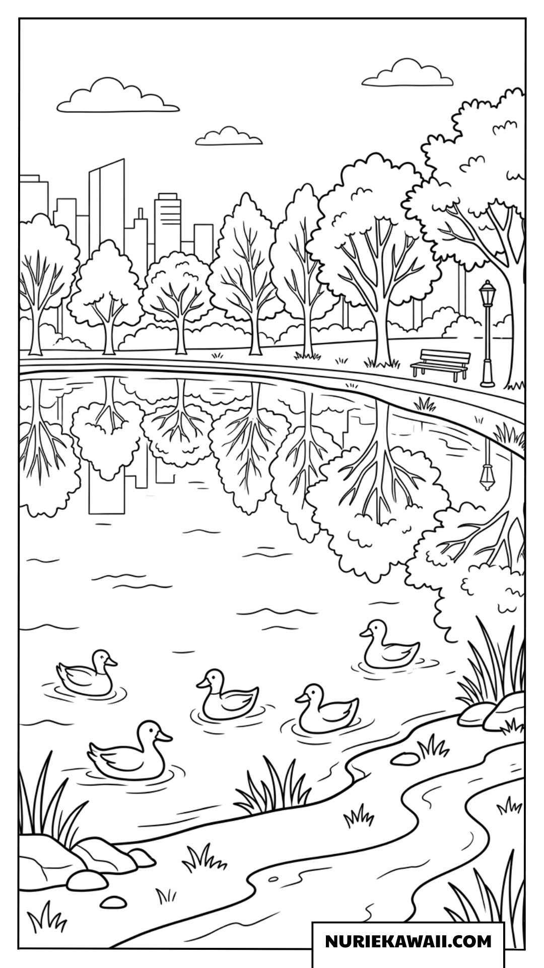 秋の公園の池と水面に映る美しい木々の風景の塗り絵