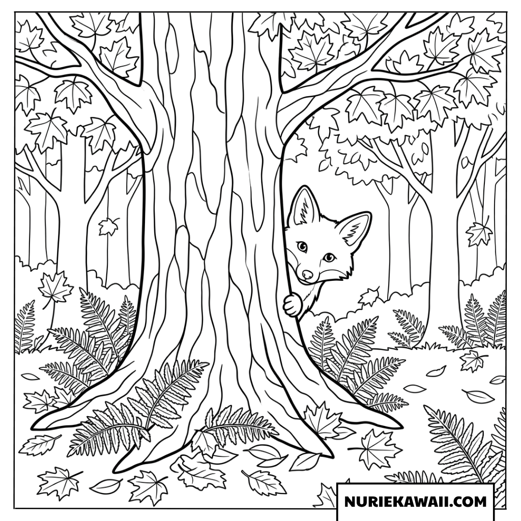 秋の森で大きな木の影からこちらを覗く可愛いキツネの塗り絵