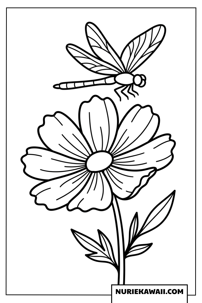 秋風に揺れる大きなコスモスの花と羽ばたく赤とんぼの美しい塗り絵