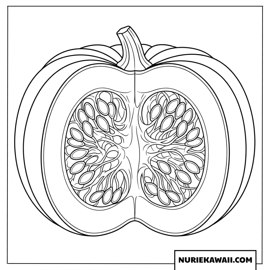種と繊維が詳しく見えるカボチャの断面の塗り絵