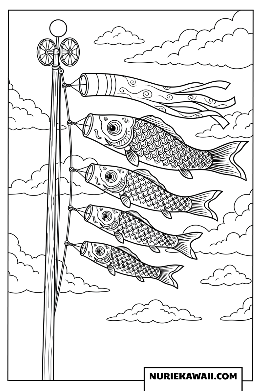 空を泳ぐ鯉のぼりの塗り絵