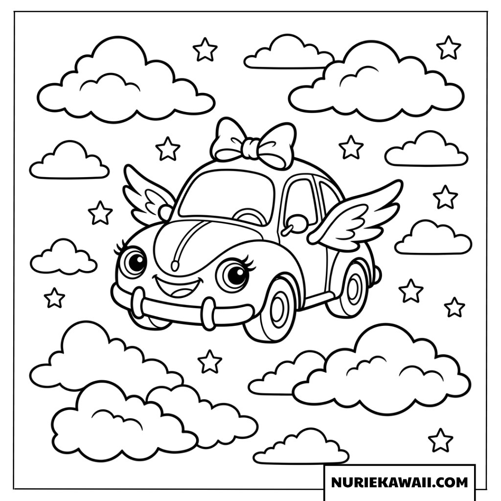 空を飛ぶ小さな天使の車の塗り絵