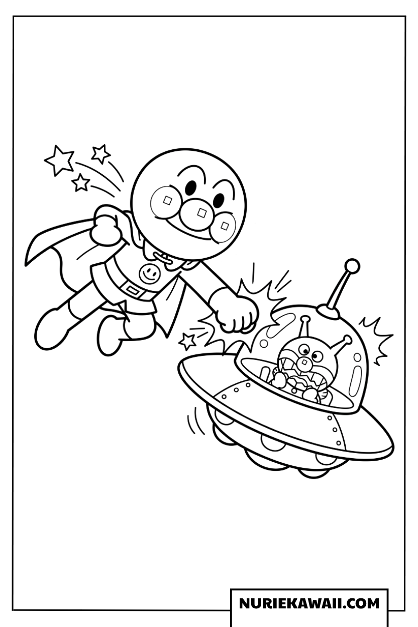 空中を飛ぶアンパンマンとバイキンマンの UFO 塗り絵
