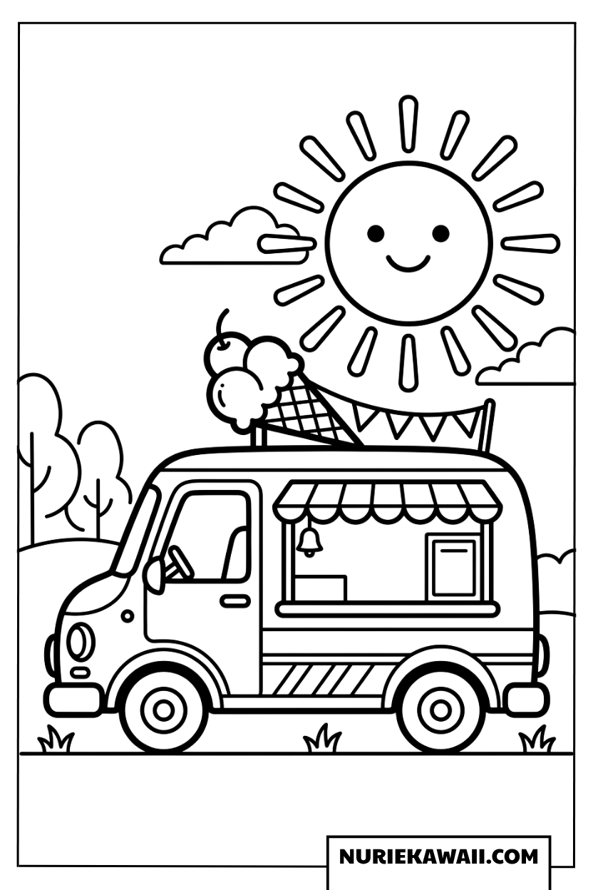 笑顔の太陽とアイスクリームカーの塗り絵