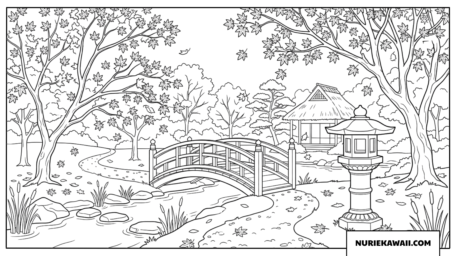 紅葉が舞い散る和風庭園の石灯篭と太鼓橋の風情ある秋の塗り絵