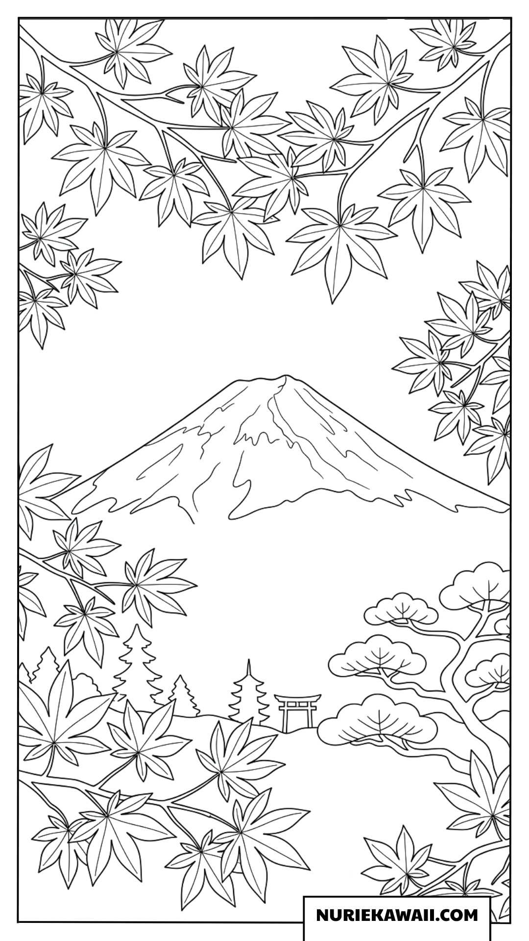 紅葉と富士山が美しい秋の風景の塗り絵