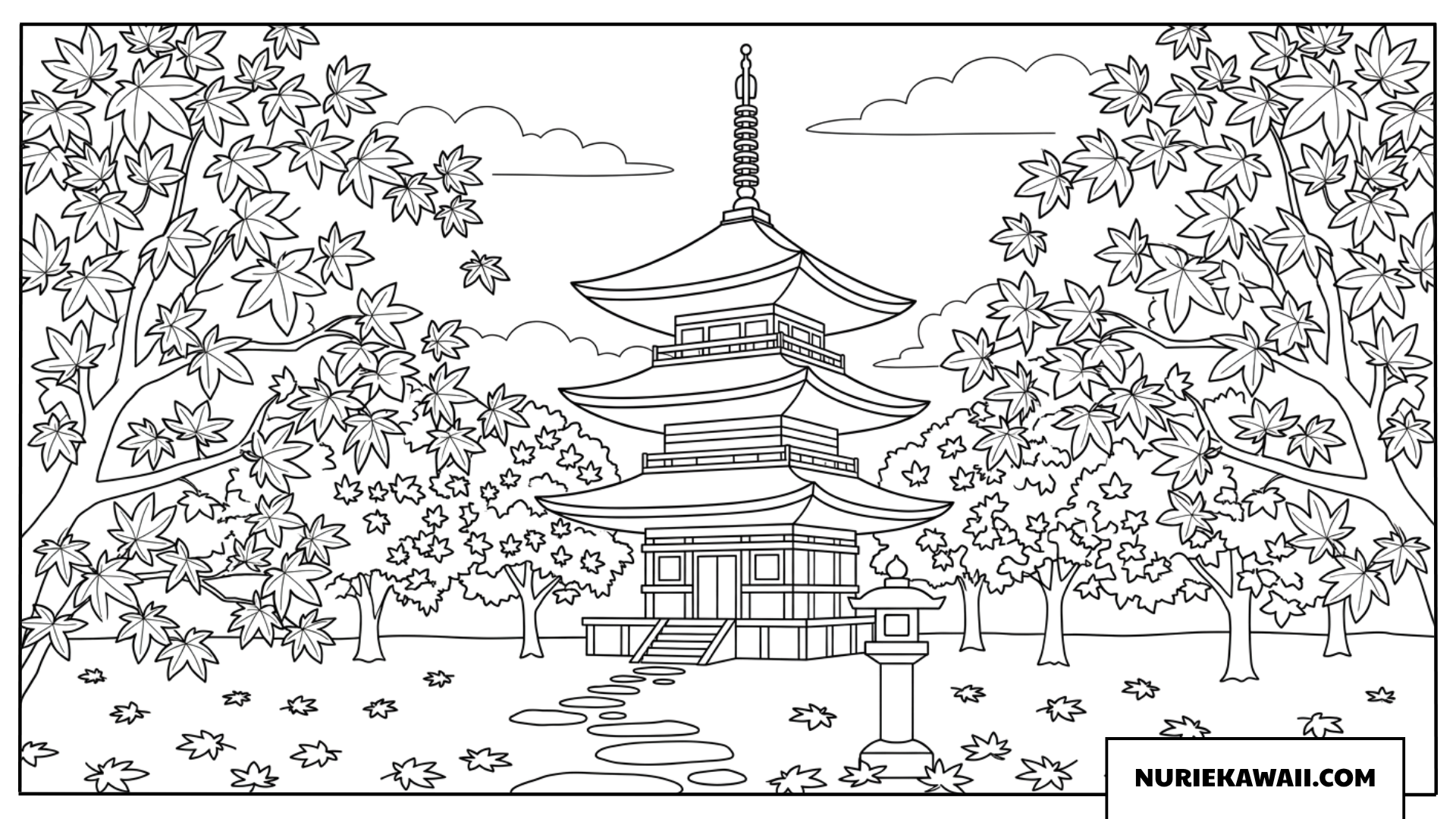 紅葉に囲まれた美しい三重の塔と石畳の小道を描いた寺院の塗り絵