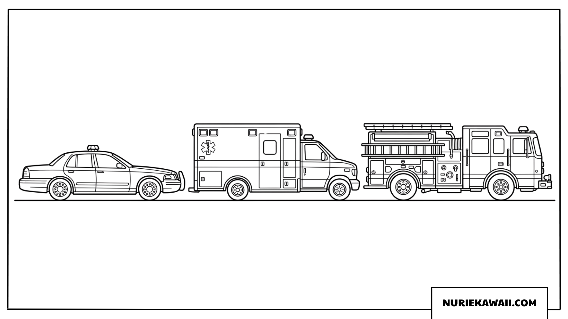 緊急車両が並ぶパトカーの塗り絵