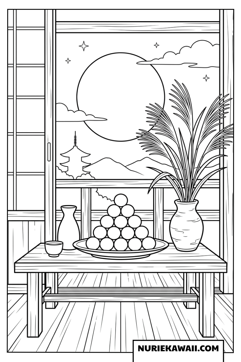縁側から望む月と月見団子にススキの和風お月見塗り絵