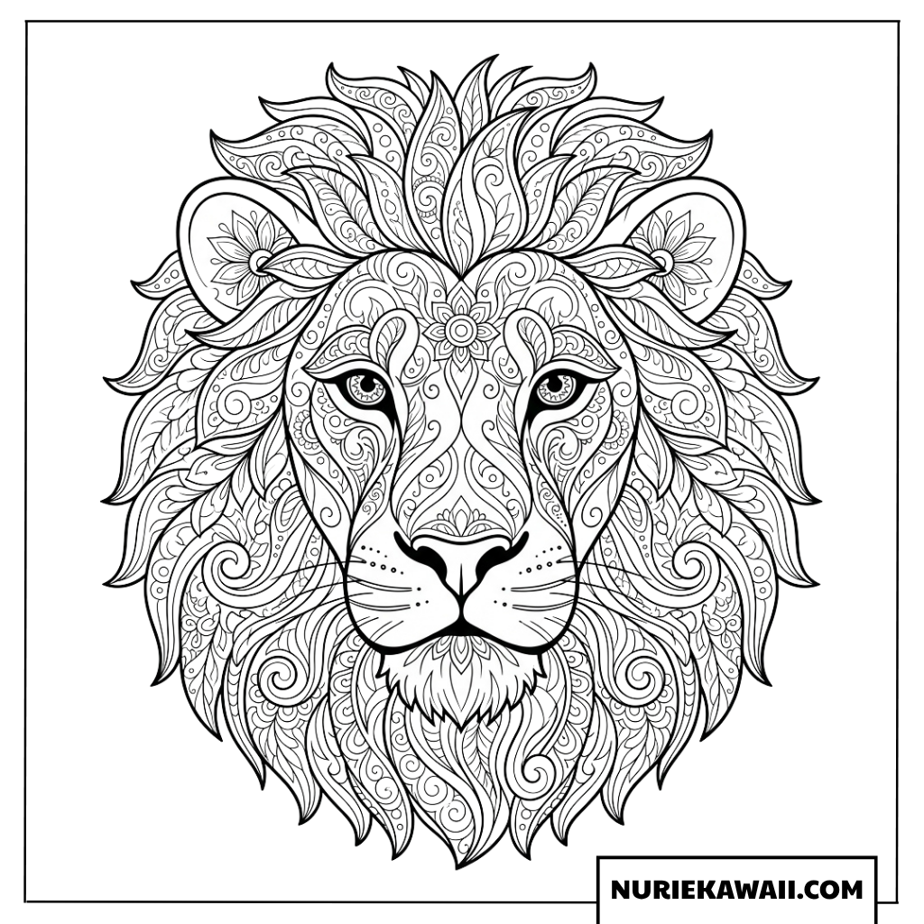 繊細なマンダラ模様のライオンの塗り絵