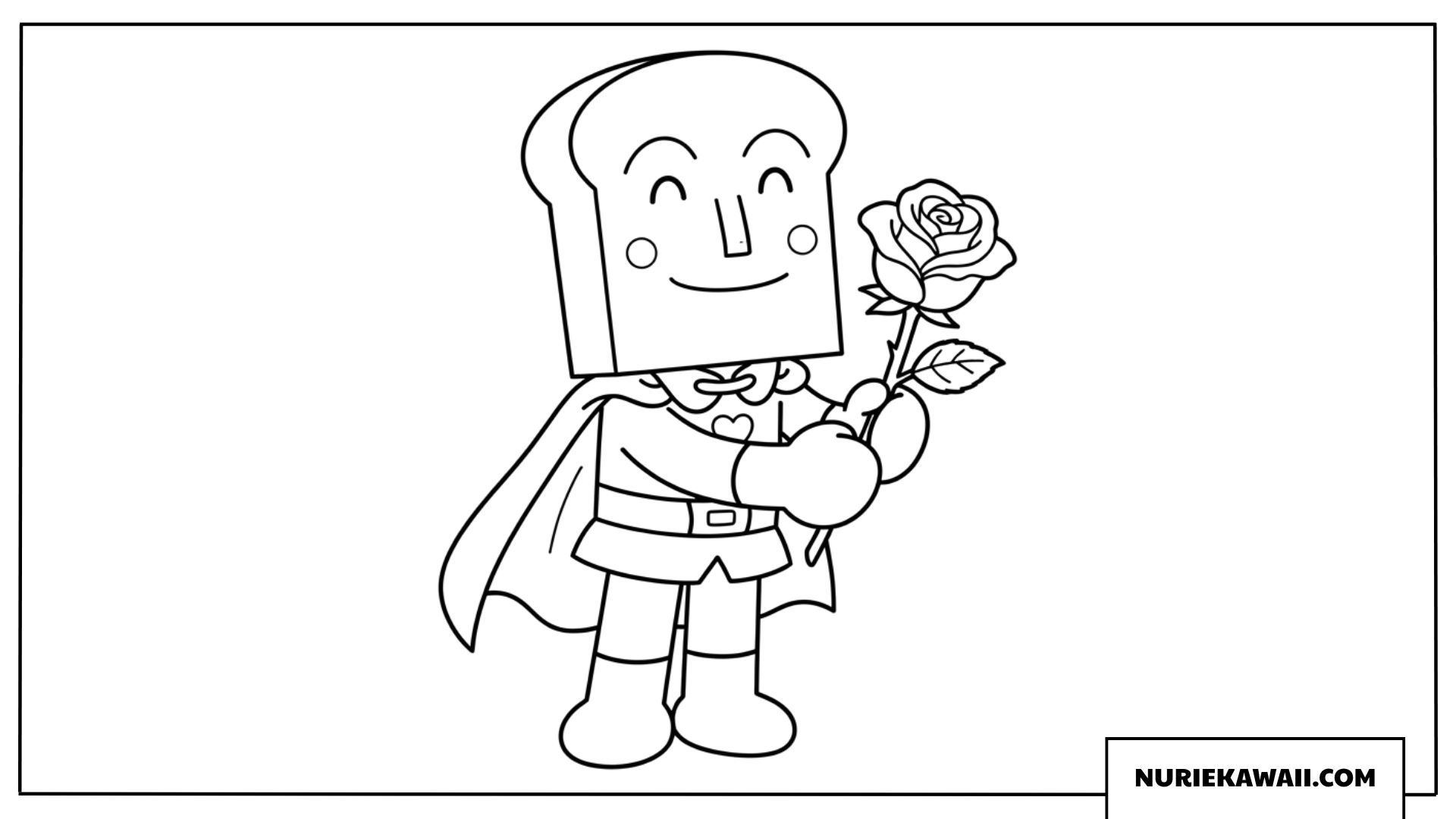 美しいバラを一輪持つ優しいしょくぱんまんの塗り絵