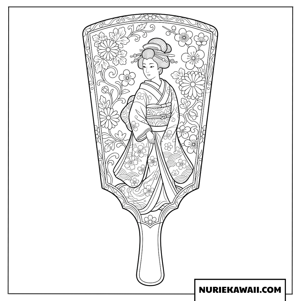 美しい着物姿の女性と満開の花々が描かれた豪華な羽子板の塗り絵