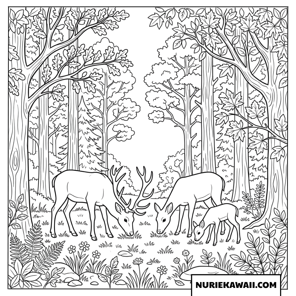 美しい秋の森の奥で静かに草を食べる鹿の親子の塗り絵