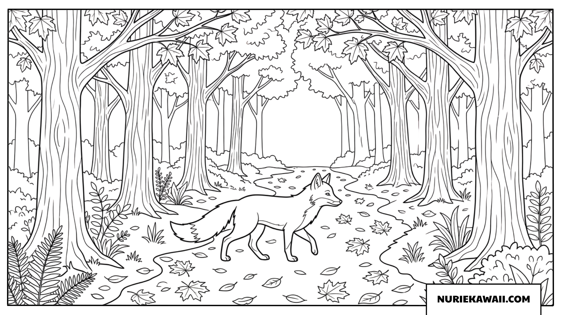 美しい秋の森の小道を歩く野生のキツネの風景塗り絵