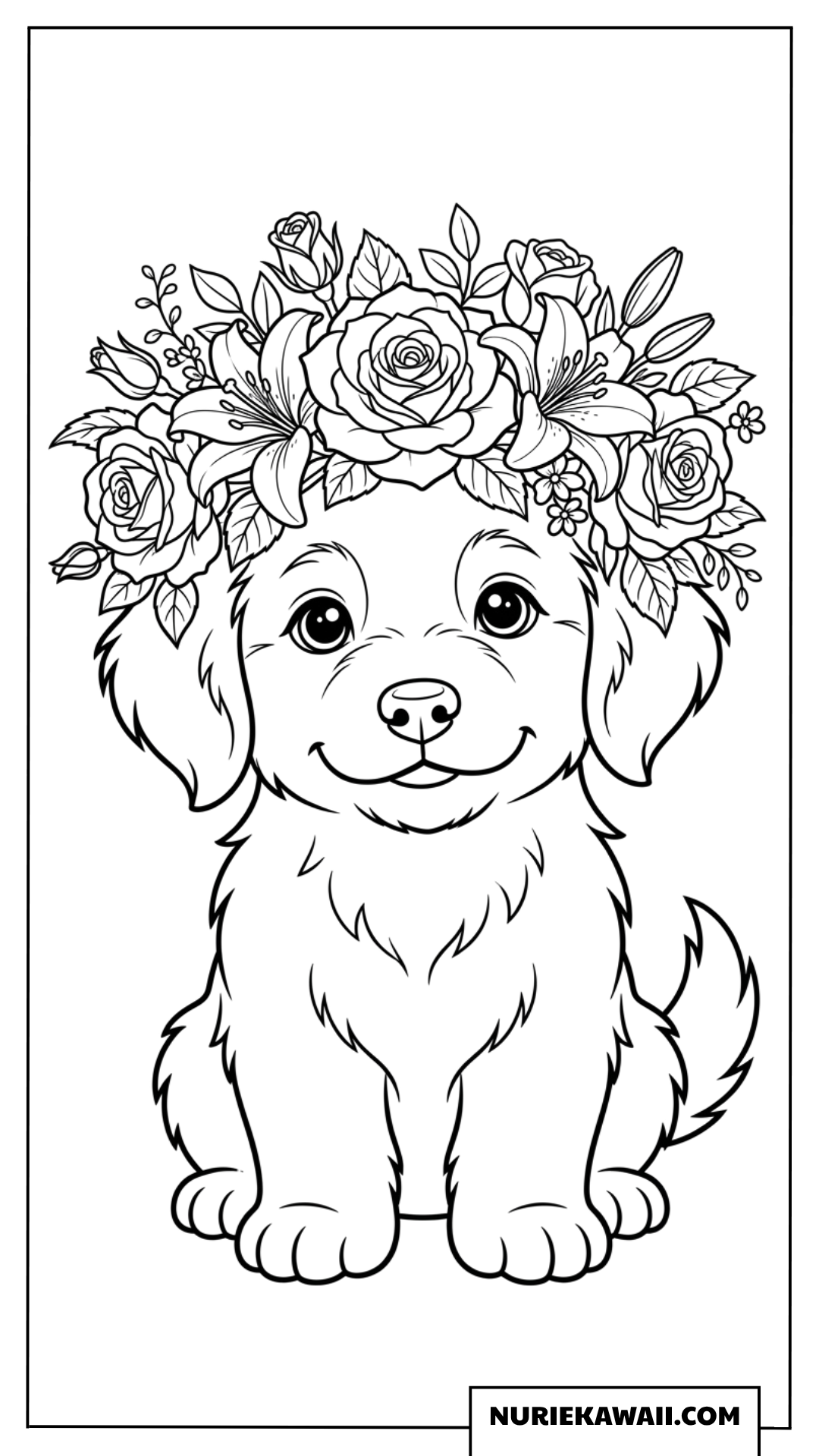 美しい花の冠をかぶった可愛い子犬の塗り絵