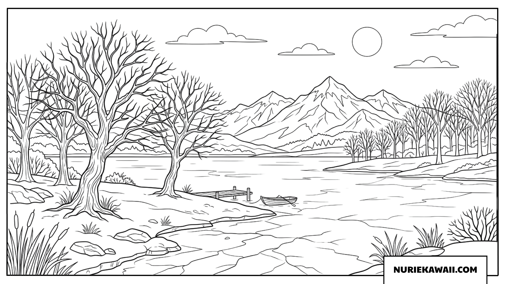 美しい雪山と静かに凍りついた冬の湖畔の風景の塗り絵
