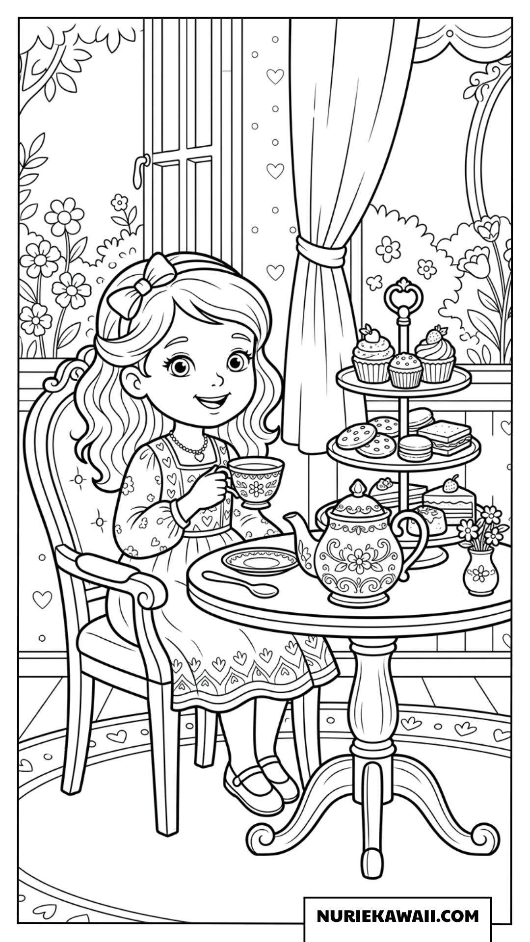 美味しいスイーツと紅茶を楽しむ可愛い女の子のティータイム塗り絵