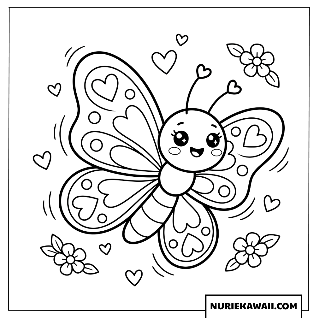 羽や触角に可愛いハート模様が描かれた笑顔のちょうちょの塗り絵