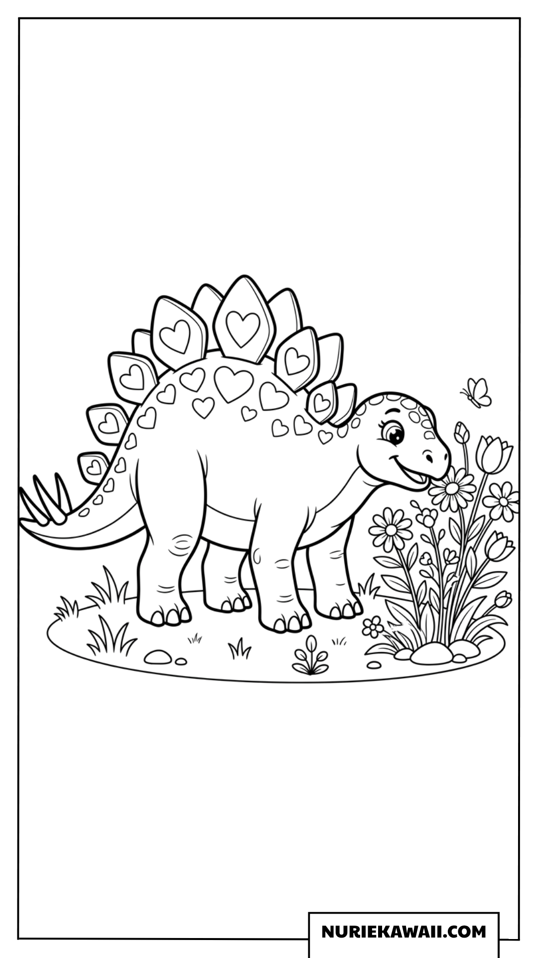 背中にハートの模様がある可愛いステゴサウルスの花畑の塗り絵