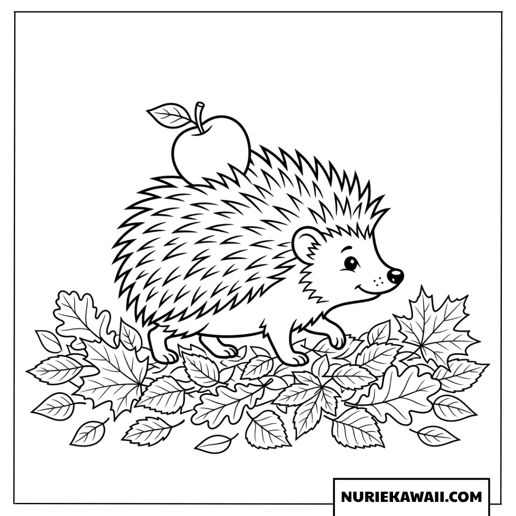 背中にリンゴを載せて歩く可愛いハリネズミの秋の塗り絵