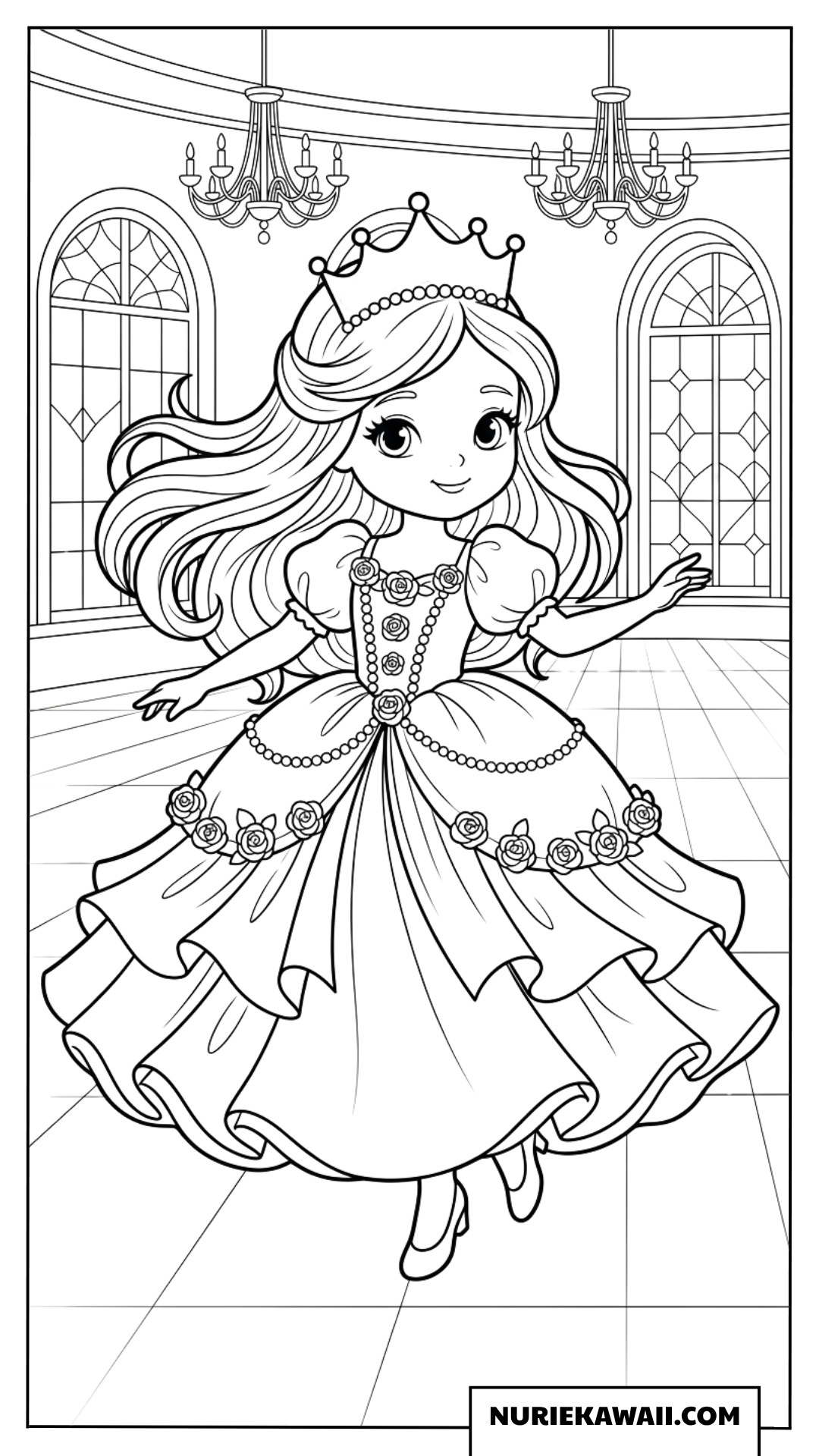 舞踏会で踊る若いお姫様の塗り絵