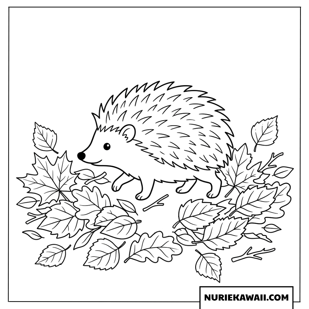 色とりどりの落ち葉の上を歩く可愛いハリネズミの塗り絵