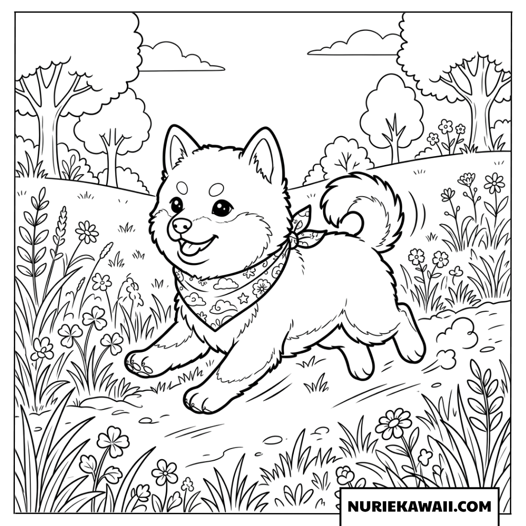 芝犬の子犬が花畑を走る可愛い塗り絵