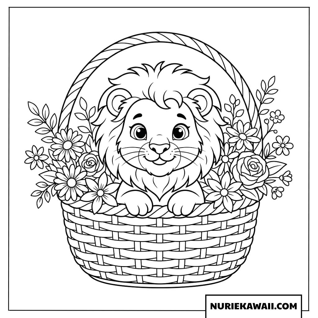 花かごに入った可愛いライオンの塗り絵