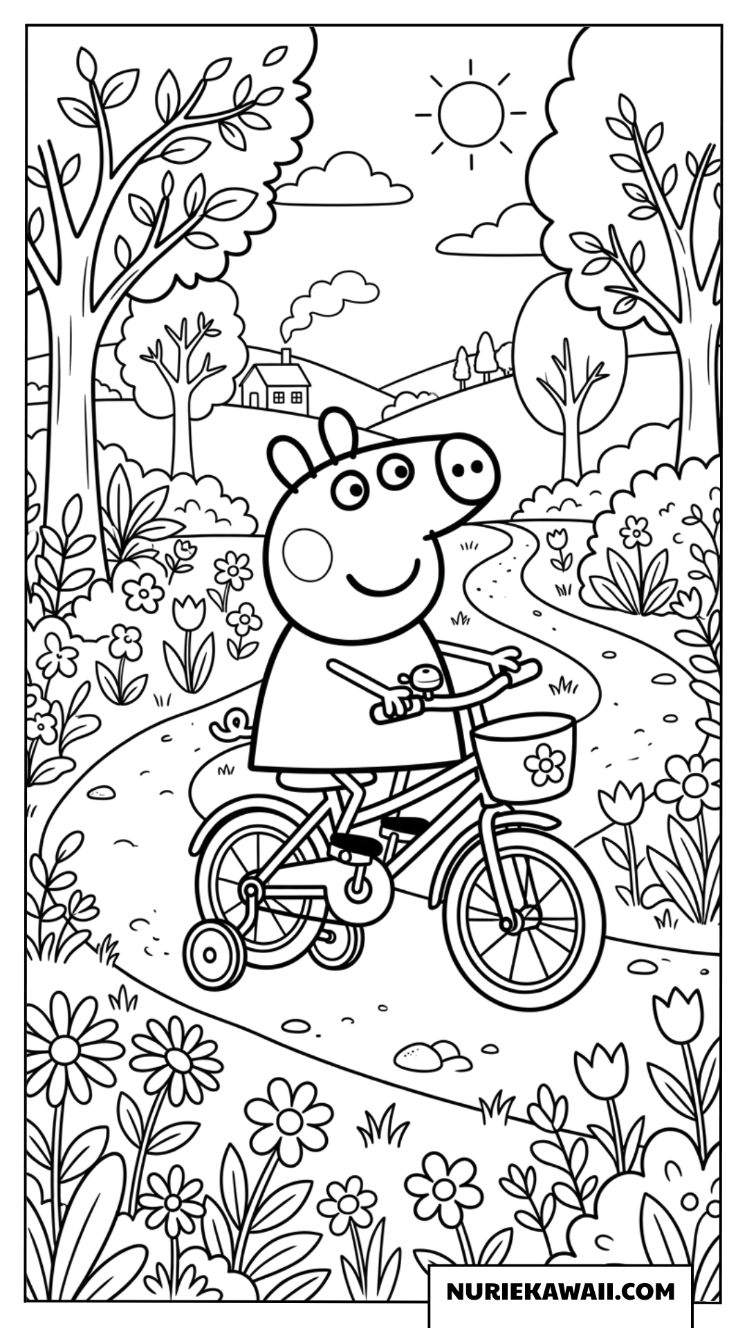 花が咲くきれいな遊歩道で自転車に乗るペッパピッグのアウトドア塗り絵