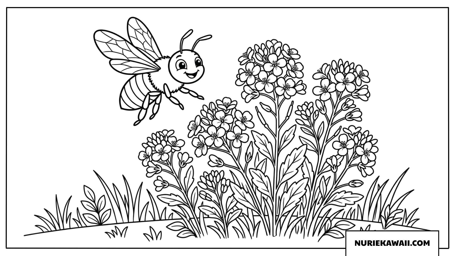 花の上を飛ぶミツバチの春の塗り絵