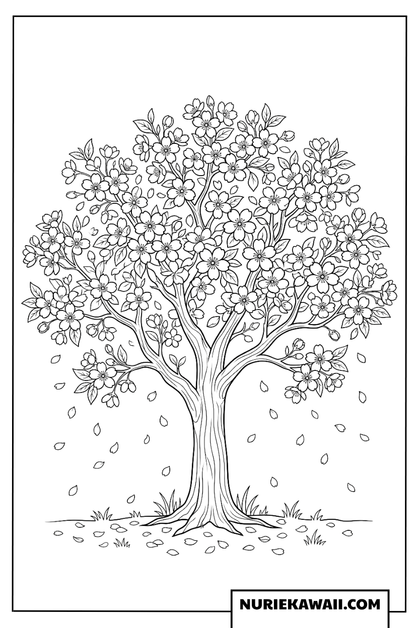花びらが舞い散る桜の木の塗り絵