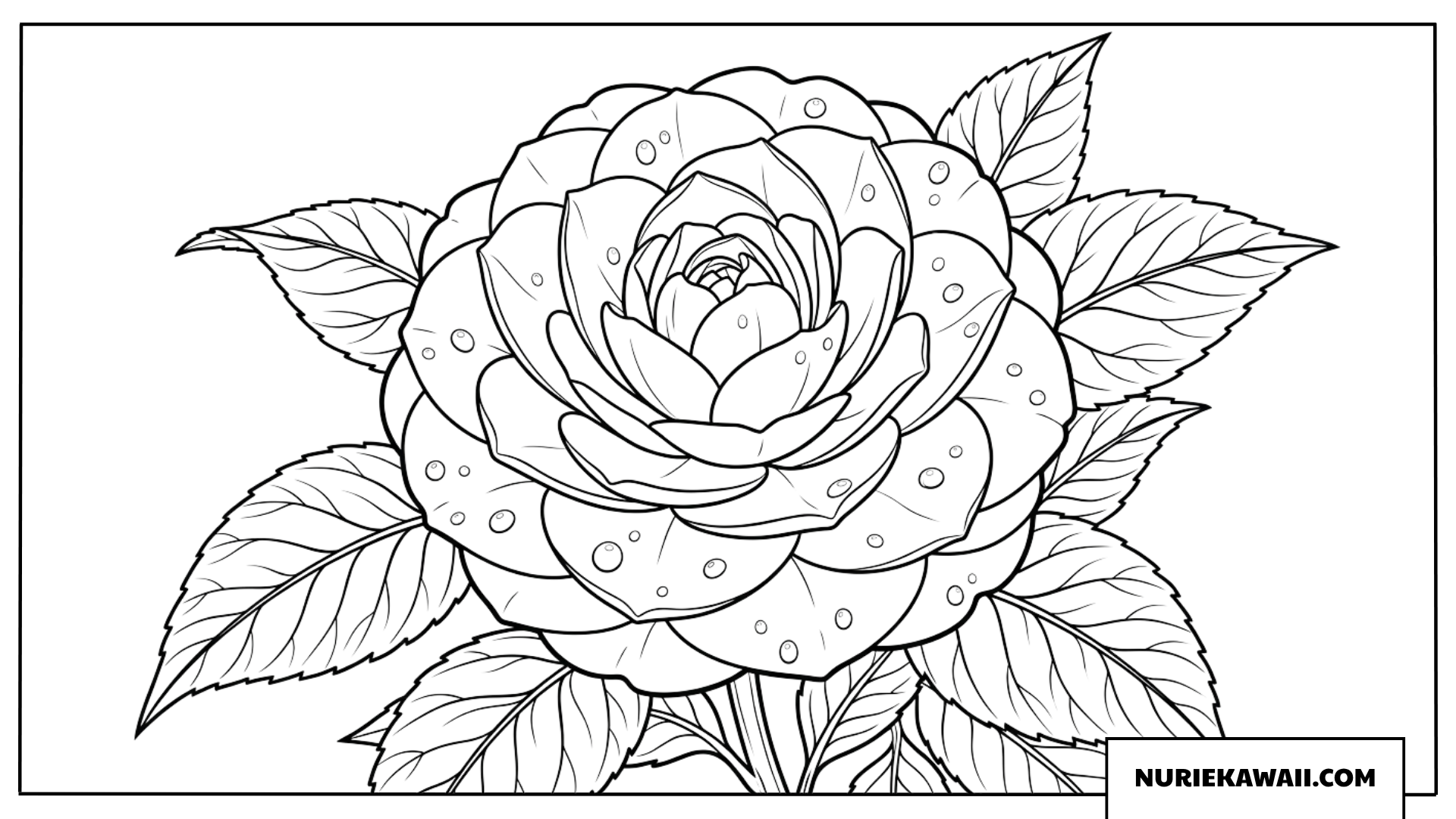花びらに美しい朝露が輝く大輪の冬のツバキの塗り絵