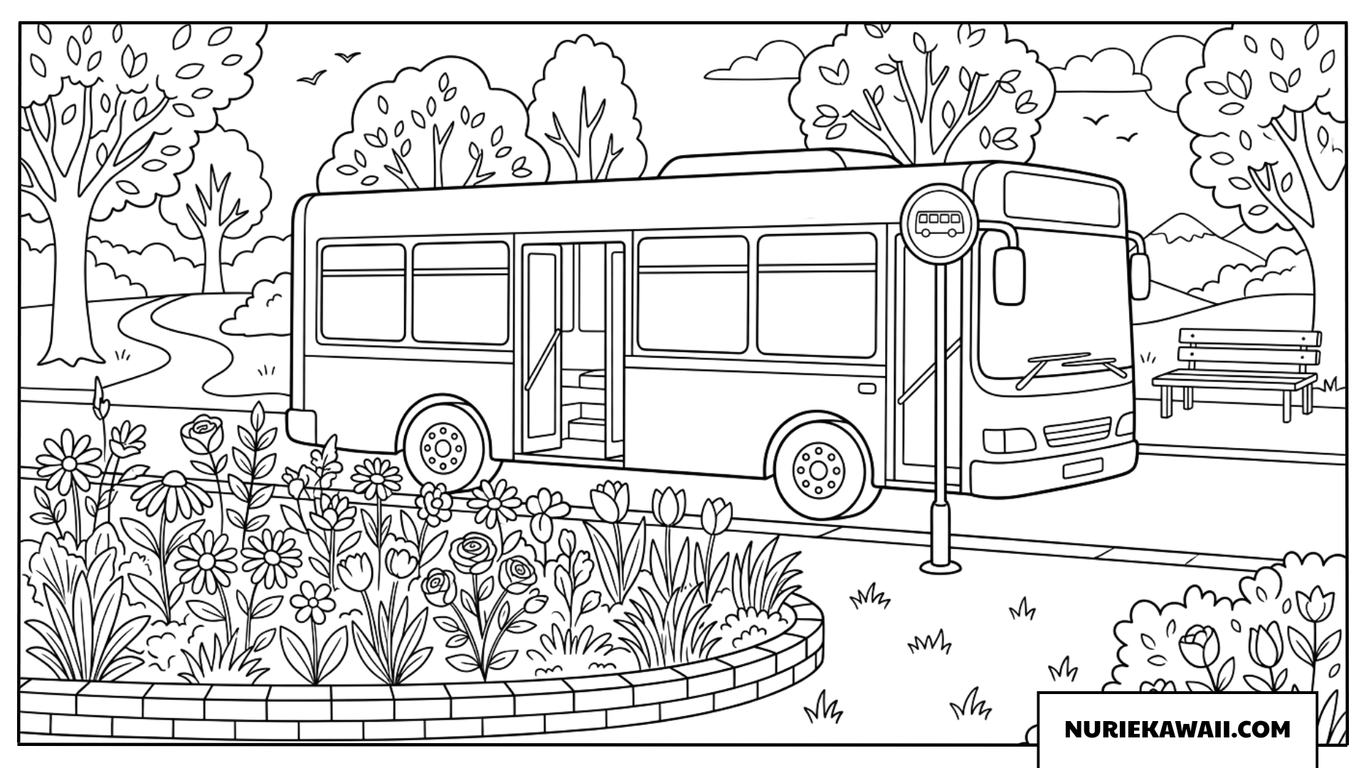 花壇の横に停車する街のバスのシンプルな塗り絵