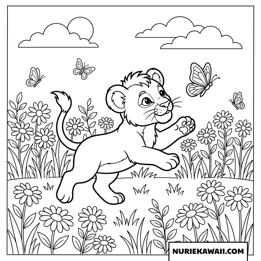 花畑で蝶々と遊ぶライオンの塗り絵