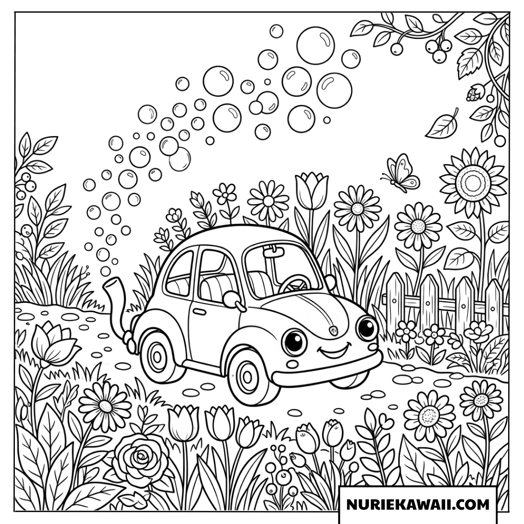 花畑とシャボン玉の車の塗り絵
