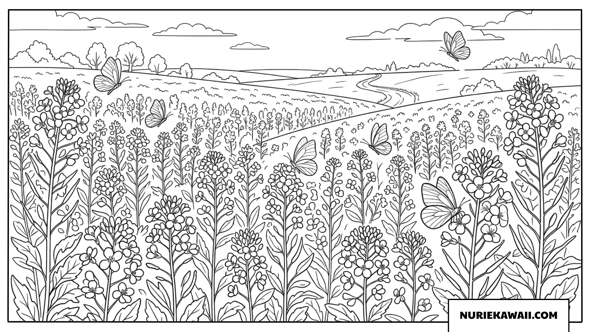 花畑と舞う蝶々の春の風景塗り絵