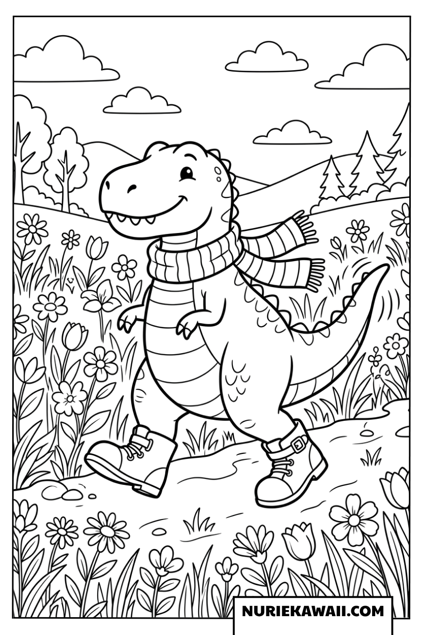 花畑をお散歩する可愛いティラノサウルスの塗り絵
