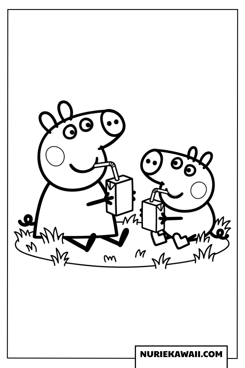草の上に座ってパックジュースを楽しく飲むペッパとジョージの塗り絵