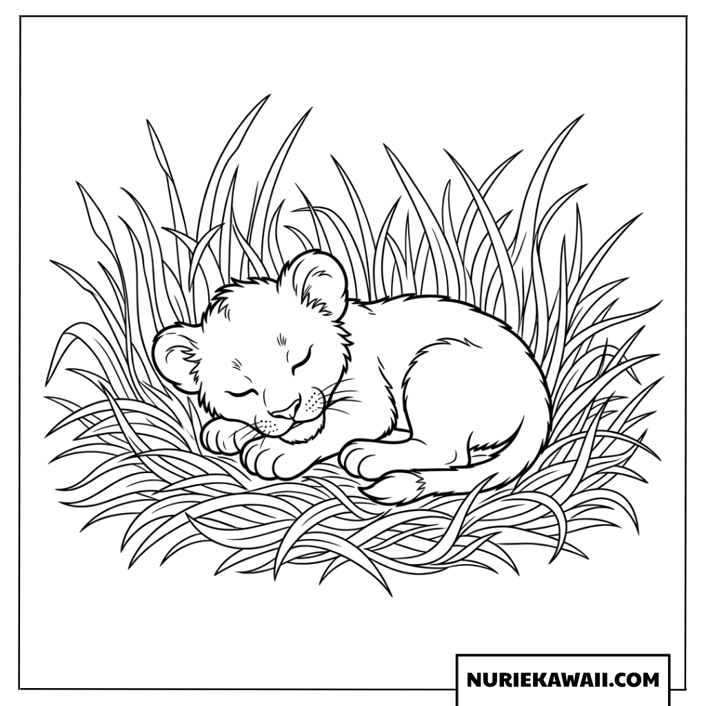 草むらの中で丸くなって眠るライオンの赤ちゃんの塗り絵