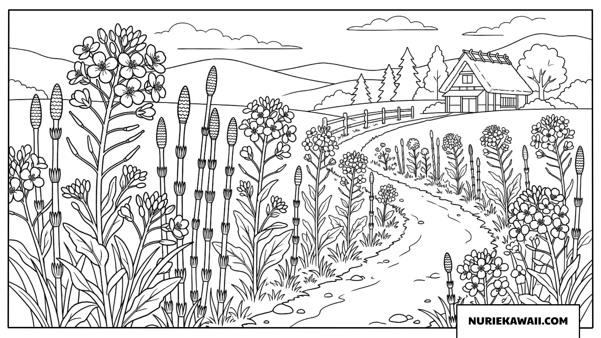 菜の花とつくしが咲く小道の塗り絵