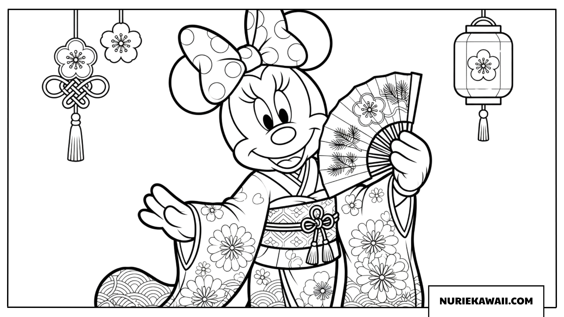華やかな着物を着て扇子を持つミニーマウスのお正月塗り絵