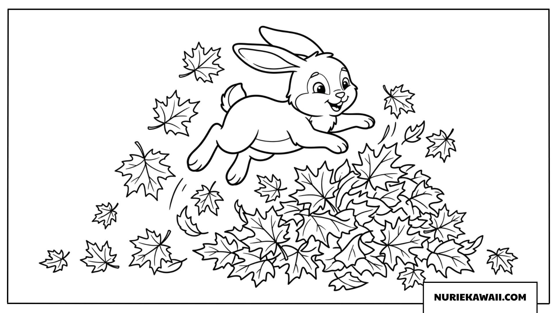 落ち葉の山に元気に飛び込む可愛いウサギの秋の塗り絵